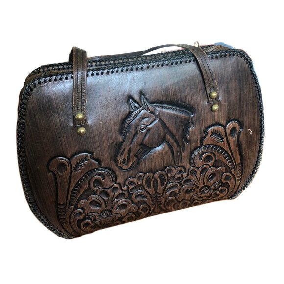 Vintage Jo-O-Kay tooled brown leather horse handbag - Picture 14 of 16